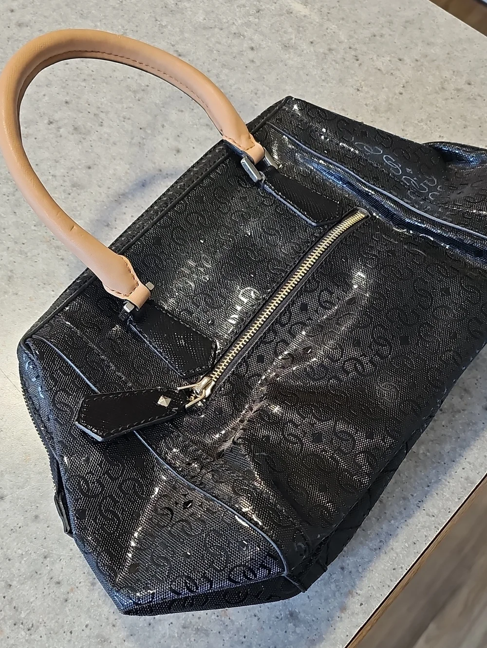 GUESS Black Satchel with Tan Handles and Gold Plaque - Picture 3 of 4